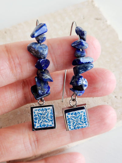 Lapis Lazuli Portugal Tile Earring Portuguese Silver Steel Antique Tile Sodalite Stone Tile Earring Geometric Tile Long Earring Raw Stone