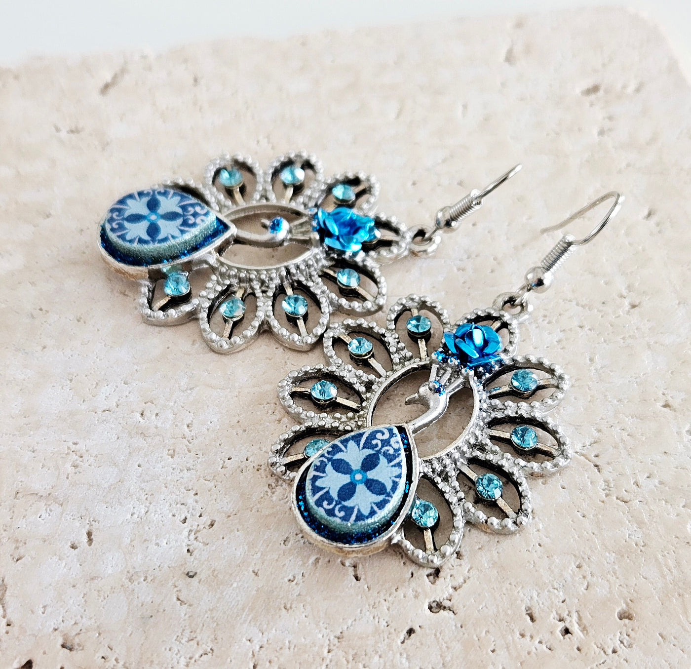 Aquamarine Blue Peacock Earring Portuguese Tile Earring Statement Jewelry Azulejo Blue Bird Tile Drop Earring Teardrop Portugal Tile Gift