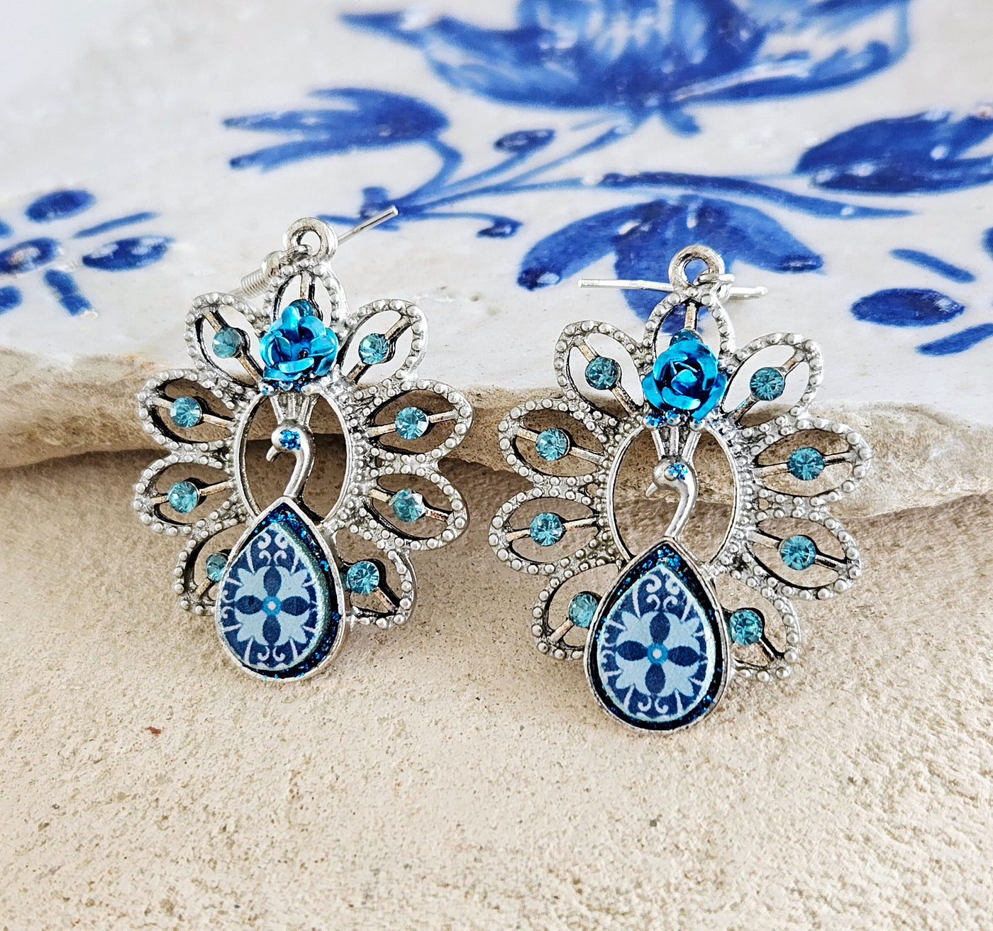 Aquamarine Blue Peacock Earring Portuguese Tile Earring Statement Jewelry Azulejo Blue Bird Tile Drop Earring Teardrop Portugal Tile Gift