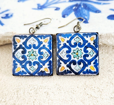 Blue Spanish Tile Earring Talavera Mexican Jewelry Handmade Mexico Gift Traditional Spanish Pottery Tile Jewelry Artisanal Bronze Earrings