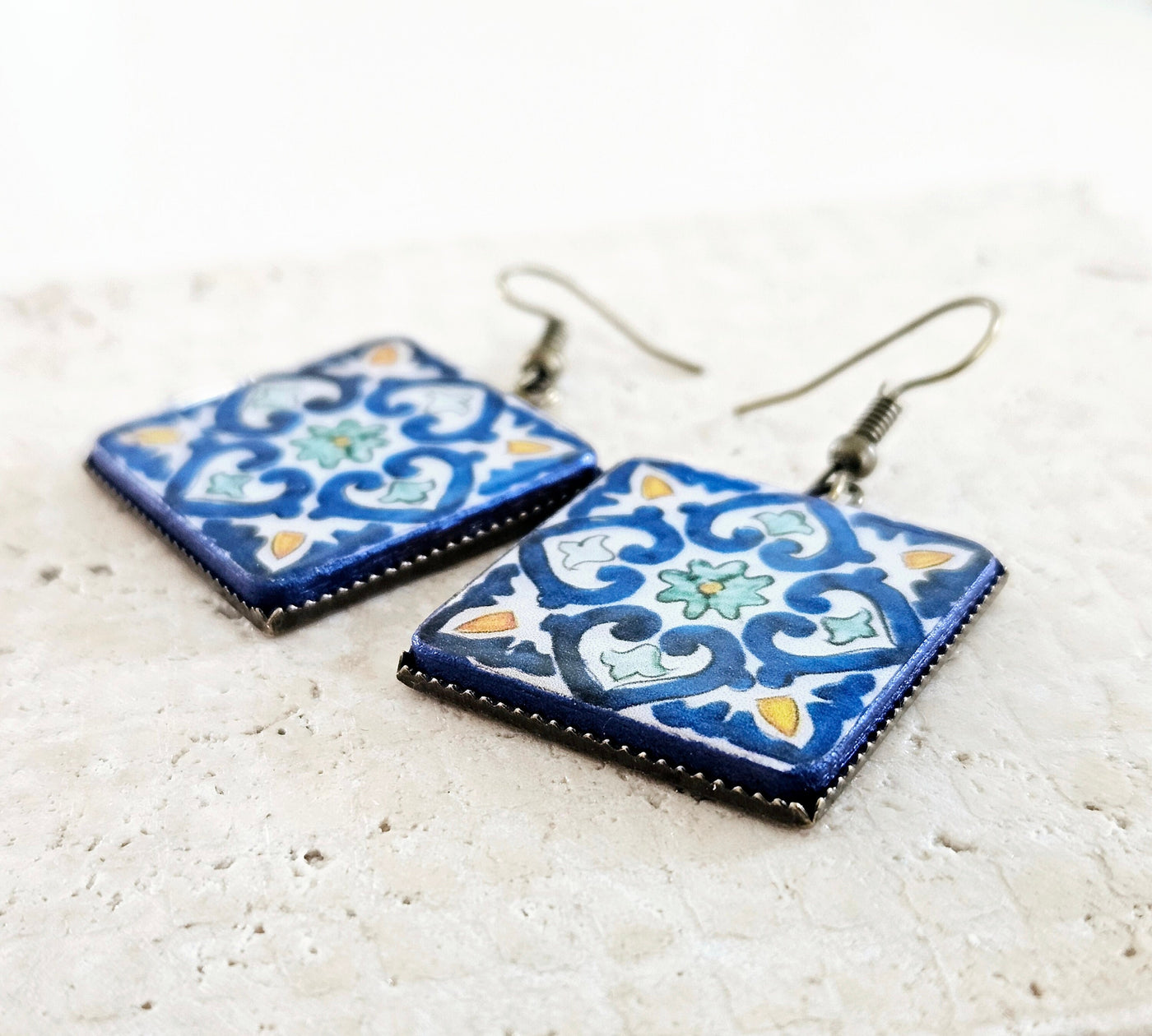 Blue Spanish Tile Earring Talavera Mexican Jewelry Handmade Mexico Gift Traditional Spanish Pottery Tile Jewelry Artisanal Bronze Earrings