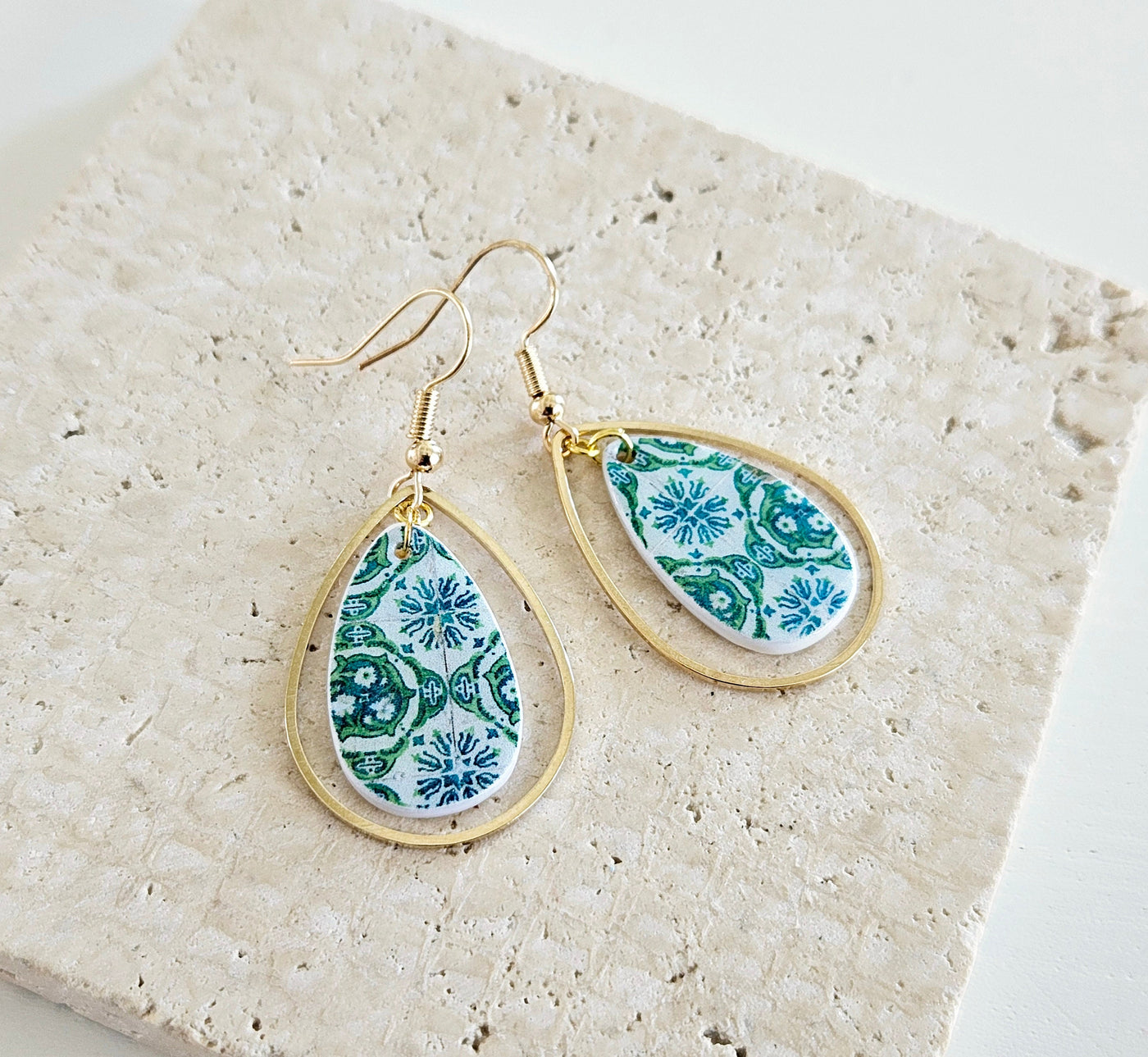 Portugal Green Tile Teardrop Earring Portuguese Azulejo Jewelry Gift Gold Earring Majolica Antique Tile Mother Pearl Teardrop Green Earring