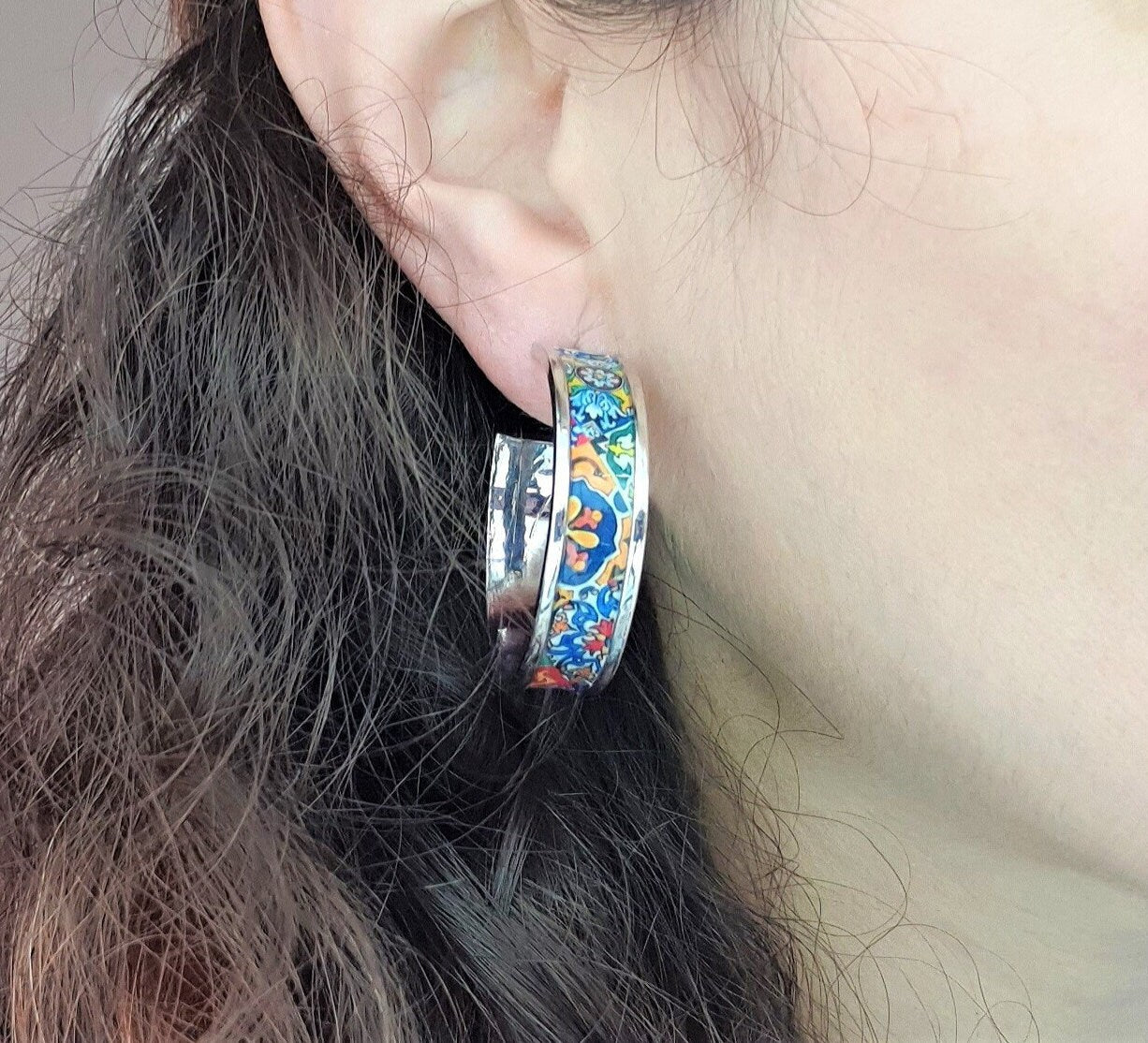 Mexican Silver Flat HOOP Tile Earring Talavera STEEL Azulejo Delicate Large Hoop Gift for her Spanish Mixed Tile Hoop Red Blue Green Tile