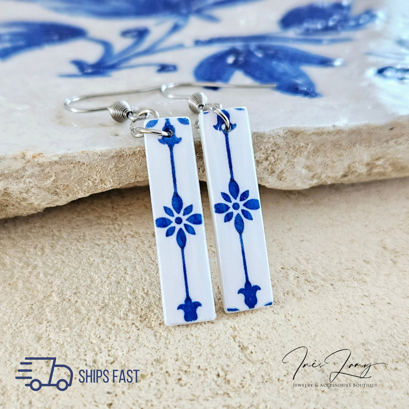 Portuguese Tile Bar Earring Blue White Long Shell Drop Earring Thin Rectangular Bar Portugal Azulejo Antique Jewelry Mother Pearl Earring
