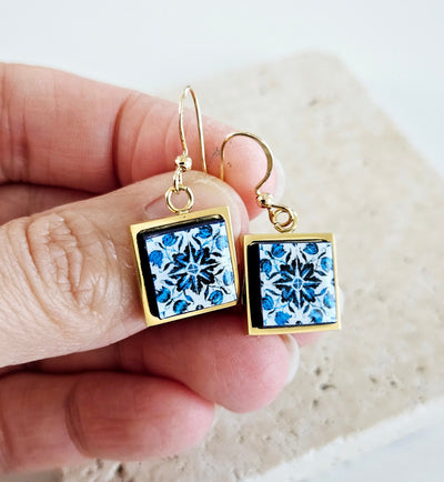 Porto Small Tile GOLD Earring Portuguese Blue White Tile Earring Azulejo STEEL Square Earring Portugal Tile Gift Travel Souvenir Spouse Gift