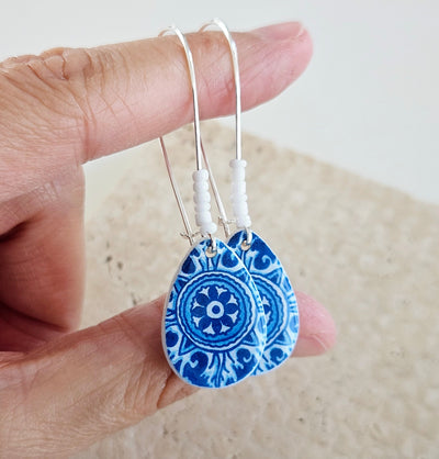 Blue Mexican Tile Earring Talavera Teardrop Earring Mexican Jewelry Blue Tile Spanish Gift Mother of Pearl Earring Drop Earring Women Gift