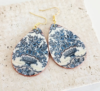 Portugal Majolica Earring Big Teardrop Tile Earring Portuguese Antique Flower Pot Tile Earring Blue White Supersized Statement Jewelry Gift