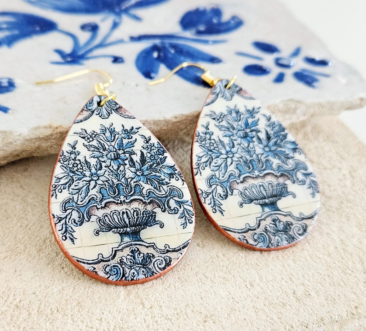 Portugal Majolica Earring Big Teardrop Tile Earring Portuguese Antique Flower Pot Tile Earring Blue White Supersized Statement Jewelry Gift