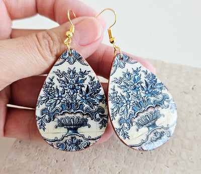 Portugal Majolica Earring Big Teardrop Tile Earring Portuguese Antique Flower Pot Tile Earring Blue White Supersized Statement Jewelry Gift