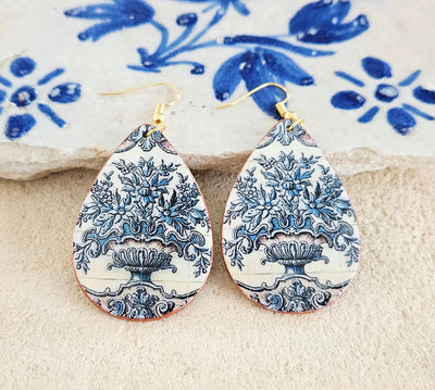 Portugal Majolica Earring Big Teardrop Tile Earring Portuguese Antique Flower Pot Tile Earring Blue White Supersized Statement Jewelry Gift