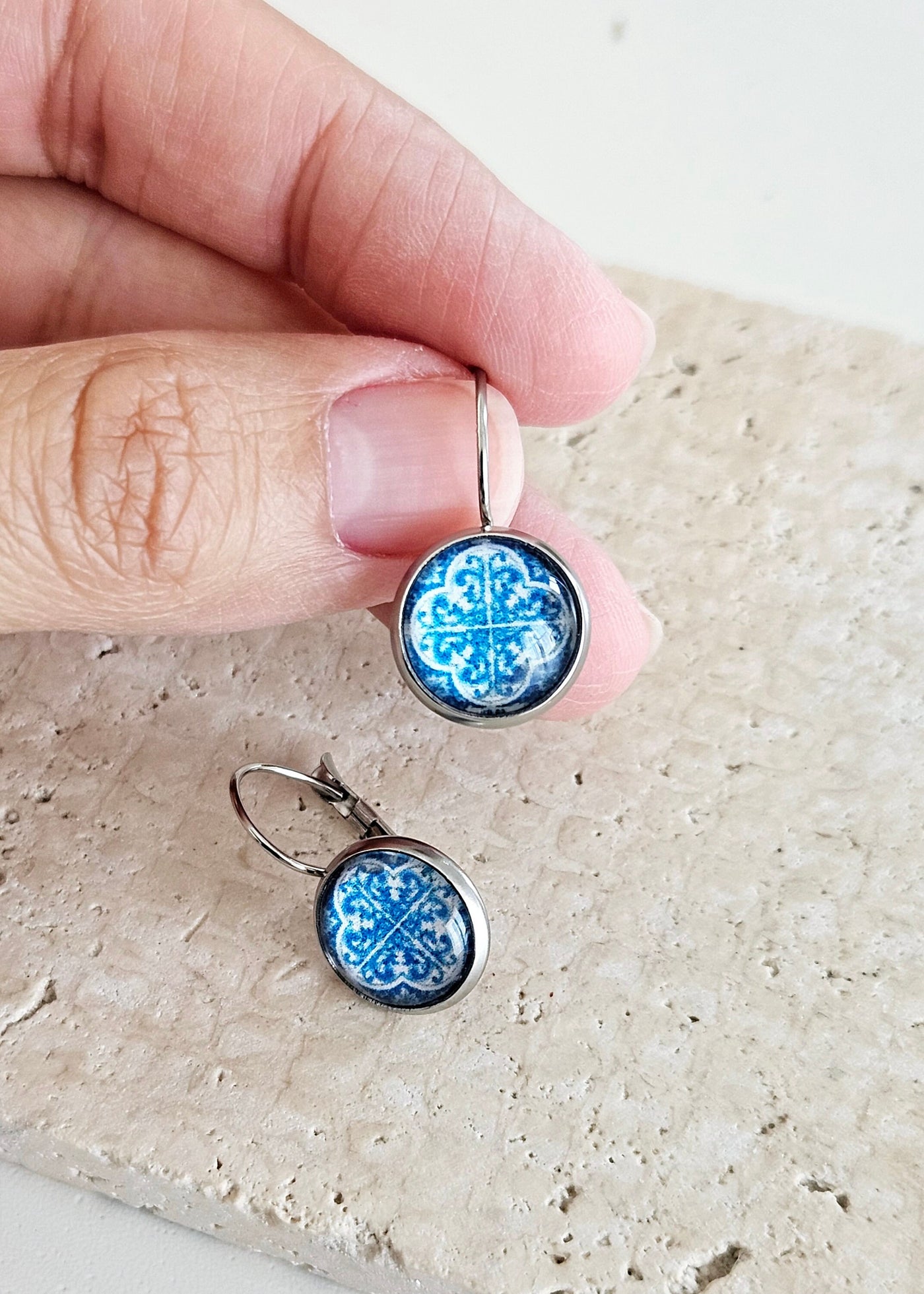 Portugal Blue Tile Earring Azulejo Jewelry Classical Antique Tile Earring Geometric Round Earring Gift from Portugal Travel Vacation Gift