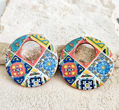Mexican Tile Hoop Earring Big Statement Earring Maximalist Jewelry Mexico Talavera Tile Mixed Pattern Colorful Hoop Earring Talavera Tile