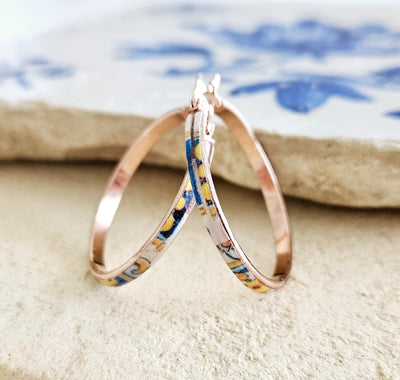 Rose Gold HOOP Tile Earring Portugal STAINLESS STEEL Azulejo Delicate Flat Hoop Historical Jewelry Portugal Gift Travel Inspired Tile Hoops