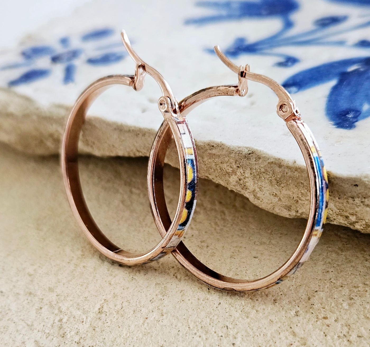 Rose Gold HOOP Tile Earring Portugal STAINLESS STEEL Azulejo Delicate Flat Hoop Historical Jewelry Portugal Gift Travel Inspired Tile Hoops