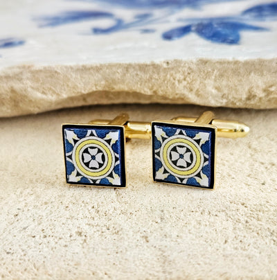 Portugal Cufflink Majolica Tile Cufflink Blue Yellow Tile Cufflink Groom Jewelry Gift Wedding Men Azulejo Cufflink Gold Business Shirt Gift