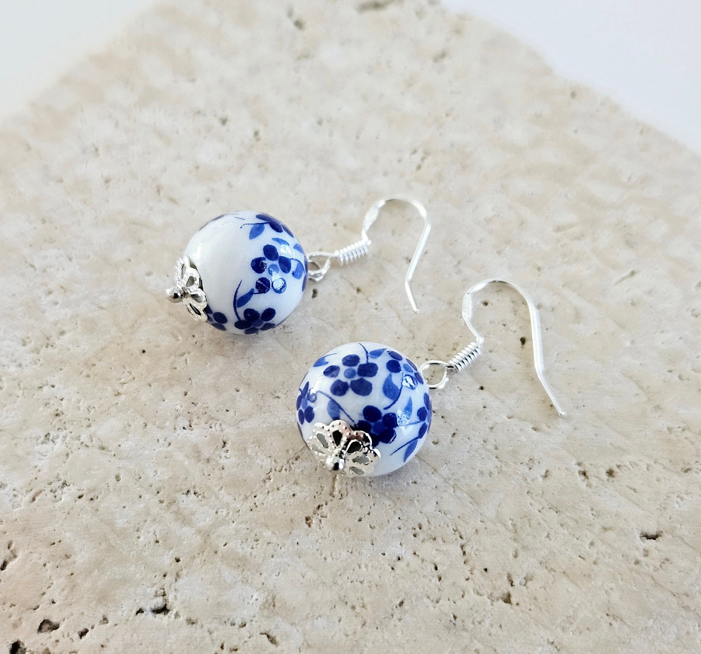 Ceramic Beads Small Drop Earring Porcelain Ceramic Globe Earrings Blue White Flower Jewelry Blue Flower Bead Earring Round Pottery Pearl