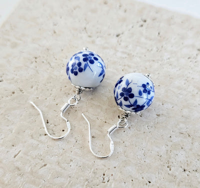 Ceramic Beads Small Drop Earring Porcelain Ceramic Globe Earrings Blue White Flower Jewelry Blue Flower Bead Earring Round Pottery Pearl