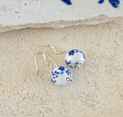 Ceramic Beads Small Drop Earring Porcelain Ceramic Globe Earrings Blue White Flower Jewelry Blue Flower Bead Earring Round Pottery Pearl