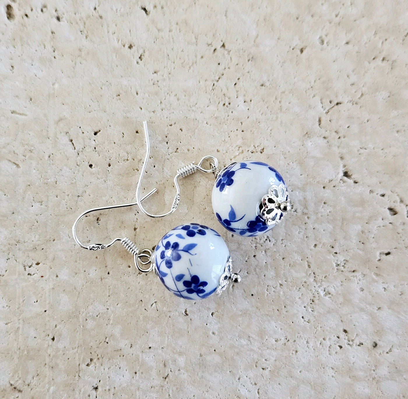 Ceramic Beads Small Drop Earring Porcelain Ceramic Globe Earrings Blue White Flower Jewelry Blue Flower Bead Earring Round Pottery Pearl
