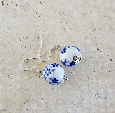 Ceramic Beads Small Drop Earring Porcelain Ceramic Globe Earrings Blue White Flower Jewelry Blue Flower Bead Earring Round Pottery Pearl