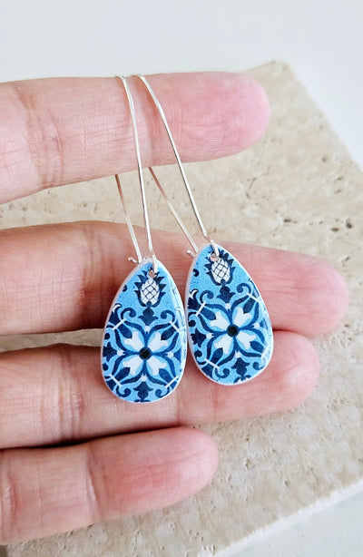 Portugal Teardrop Tile Earring Azulejo Geometric Blue Teardrop Earring Portuguese Tile Dangle Earring Mother Pearl Handmade Jewelry Gift