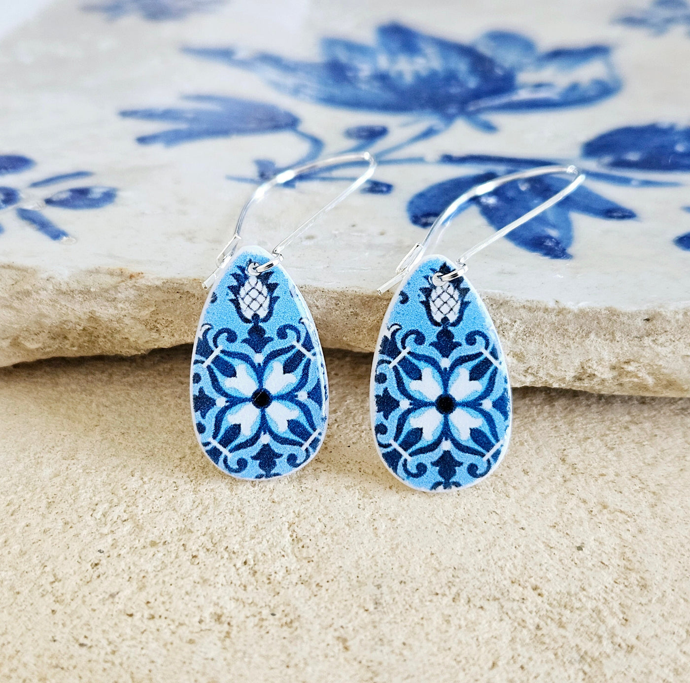 Portugal Teardrop Tile Earring Azulejo Geometric Blue Teardrop Earring Portuguese Tile Dangle Earring Mother Pearl Handmade Jewelry Gift