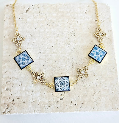 Portugal Royal Tile Necklace Mismatched Blue Square Tile Filigree Gold Cross Necklace Crystals Gold Blue Tile Pendant Travel Gift for Her