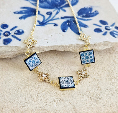 Portugal Royal Tile Necklace Mismatched Blue Square Tile Filigree Gold Cross Necklace Crystals Gold Blue Tile Pendant Travel Gift for Her