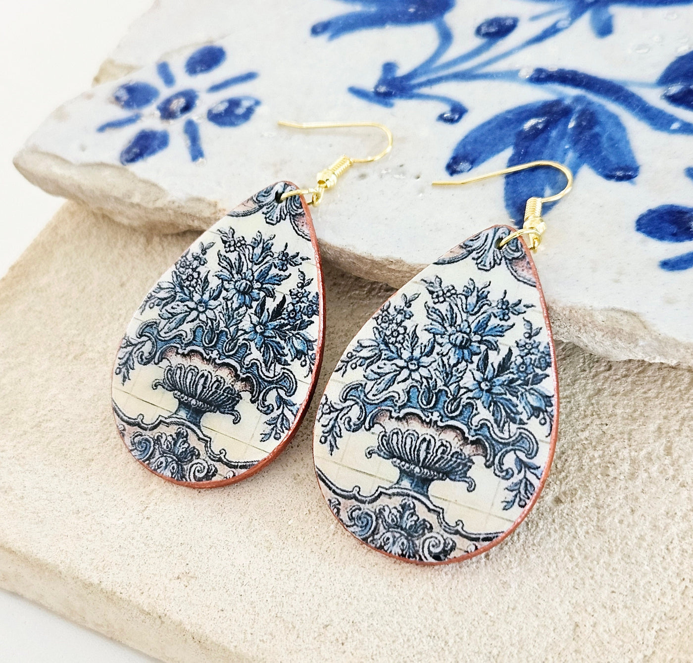 Portugal Majolica Earring Big Teardrop Tile Earring Portuguese Antique Flower Pot Tile Earring Blue White Supersized Statement Jewelry Gift