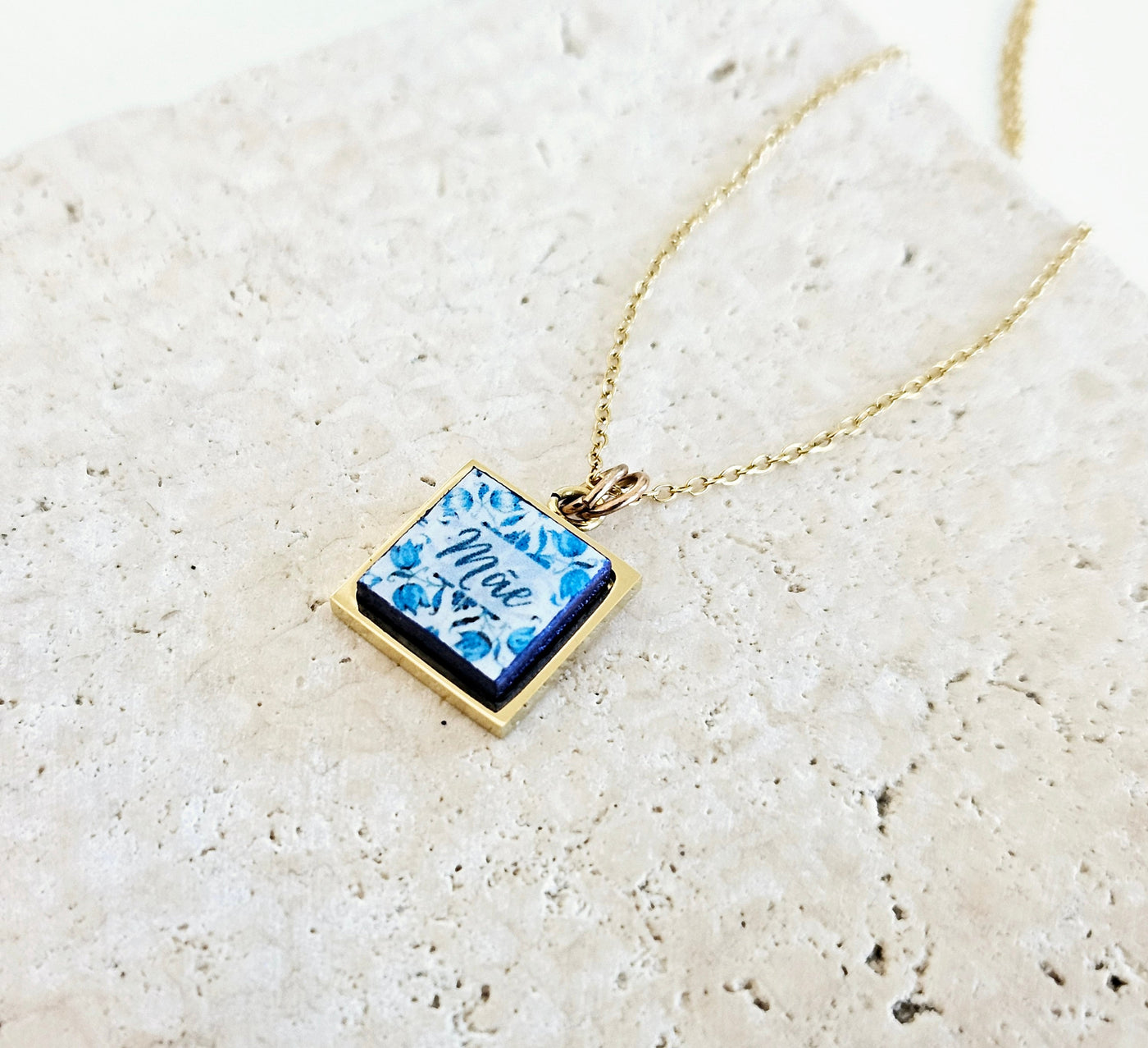 Custom Mãe Charm Tile Necklace Silver Gold Rose Gold Mom Necklace Portuguese Mom Gift Portugal Blue White Tile Azulejo Personalized Pendant