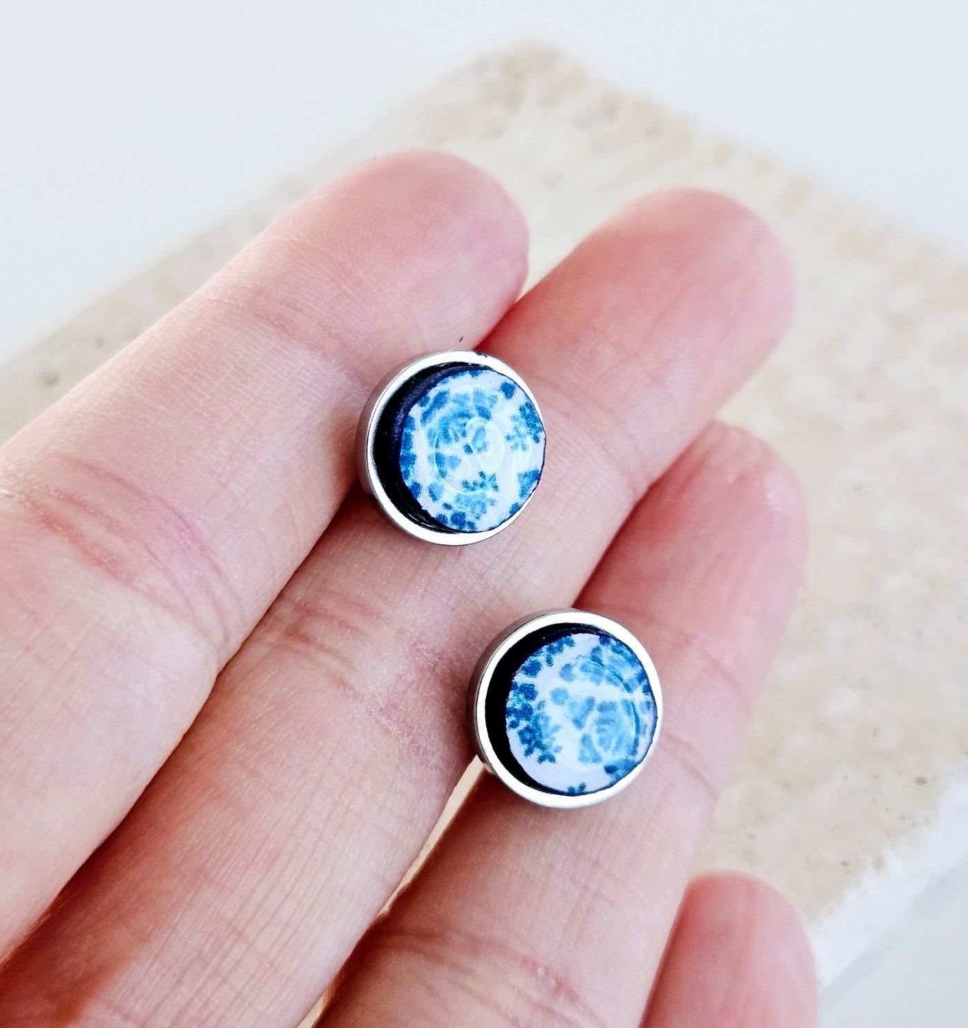 Portuguese Round Tile Stud Earring Small 10 mm Post Mismatched Blue Portugal Azulejo Earring Gift Antique Traditional Tile Travel Mom Gift