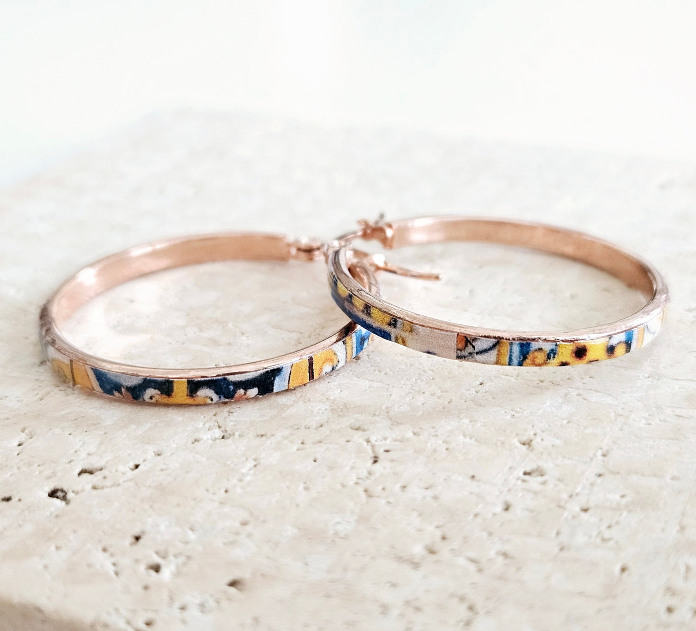 Rose Gold HOOP Tile Earring Portugal STAINLESS STEEL Azulejo Delicate Flat Hoop Historical Jewelry Portugal Gift Travel Inspired Tile Hoops