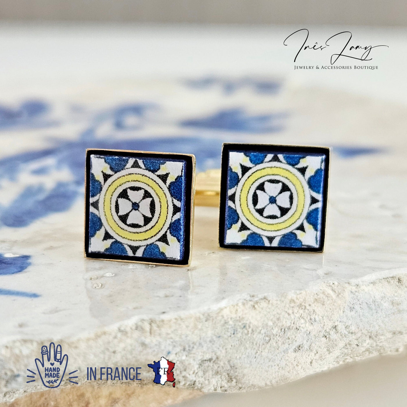 Portugal Cufflink Majolica Tile Cufflink Blue Yellow Tile Cufflink Groom Jewelry Gift Wedding Men Azulejo Cufflink Gold Business Shirt Gift