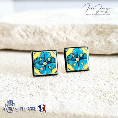 Turquoise Majolica Tile Stud Earring Mediterranean Blue Yellow Tile Post Square Travel Gift Italian Tile Sicilian Earring Handmade Souvenir