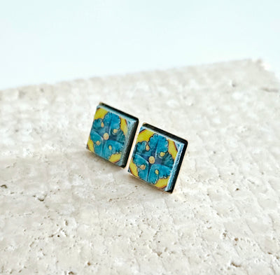 Turquoise Majolica Tile Stud Earring Mediterranean Blue Yellow Tile Post Square Travel Gift Italian Tile Sicilian Earring Handmade Souvenir