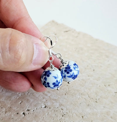 Ceramic Beads Small Drop Earring Porcelain Ceramic Globe Earrings Blue White Flower Jewelry Blue Flower Bead Earring Round Pottery Pearl