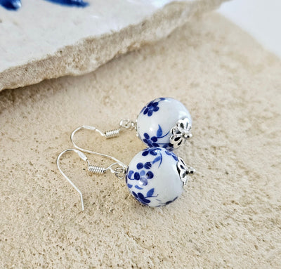 Ceramic Beads Small Drop Earring Porcelain Ceramic Globe Earrings Blue White Flower Jewelry Blue Flower Bead Earring Round Pottery Pearl