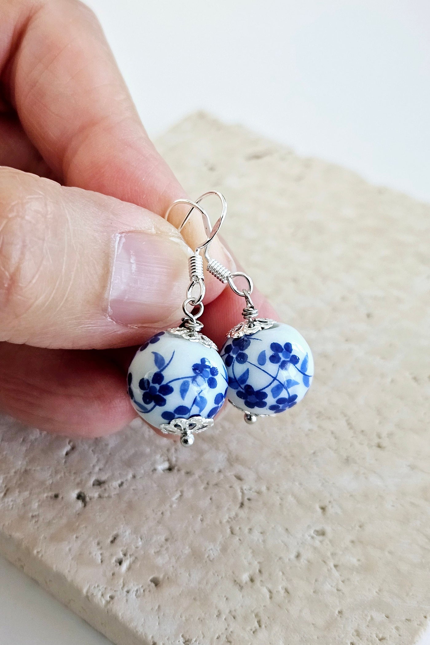 Ceramic Beads Small Drop Earring Porcelain Ceramic Globe Earrings Blue White Flower Jewelry Blue Flower Bead Earring Round Pottery Pearl