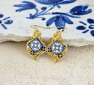 Portugal Gold Filigree Heart Earring Viana Heart Blue Tile 24k Gold Portugal Azulejo Drop Earring Square Greece Mediterranean Geometric Tile