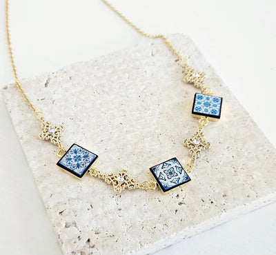 Portugal Royal Tile Necklace Mismatched Blue Square Tile Filigree Gold Cross Necklace Crystals Gold Blue Tile Pendant Travel Gift for Her