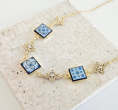 Portugal Royal Tile Necklace Mismatched Blue Square Tile Filigree Gold Cross Necklace Crystals Gold Blue Tile Pendant Travel Gift for Her