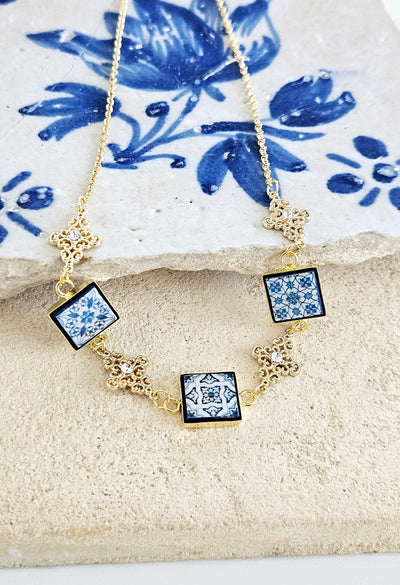 Portugal Royal Tile Necklace Mismatched Blue Square Tile Filigree Gold Cross Necklace Crystals Gold Blue Tile Pendant Travel Gift for Her