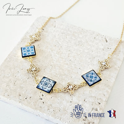 Portugal Royal Tile Necklace Mismatched Blue Square Tile Filigree Gold Cross Necklace Crystals Gold Blue Tile Pendant Travel Gift for Her