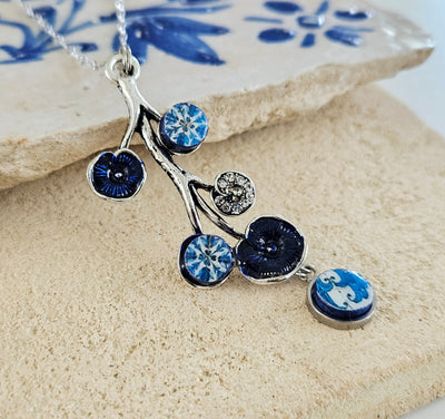 Portugal Antique BLUE Tile SILVER Branch Azulejo Necklace Lariat Tile Pendant Handmade Jewelry Vintage Round Small Tile Necklace Woman Gift