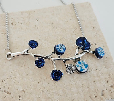 Portugal BLUE Antique Tile SILVER Branch Azulejo Necklace Lariat Tile Pendant Handmade Jewelry Vintage Round Small Tile Necklace Woman Gift