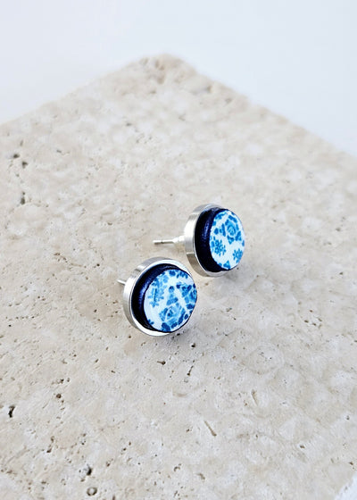Portuguese Round Tile Stud Earring Small 10 mm Post Mismatched Blue Portugal Azulejo Earring Gift Antique Traditional Tile Travel Mom Gift