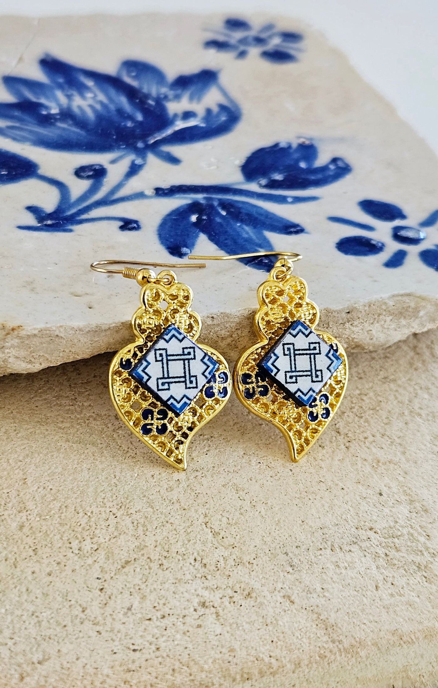 Portugal Gold Filigree Heart Earring Viana Heart Blue Tile 24k Gold Portugal Azulejo Drop Earring Square Greece Mediterranean Geometric Tile