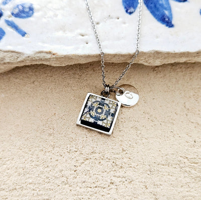 Personalized Initial Necklace Portugal Tile Pendant Initial Custom Disk Charm Custom Gold Initial Necklace Disk Initial Silver Steel Jewelry