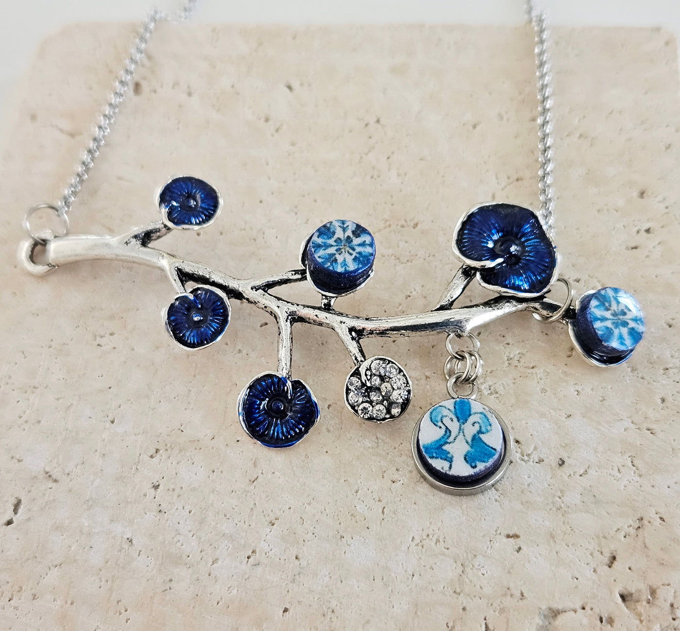 Portugal BLUE Antique Tile SILVER Branch Azulejo Necklace Lariat Tile Pendant Handmade Jewelry Vintage Round Small Tile Necklace Woman Gift