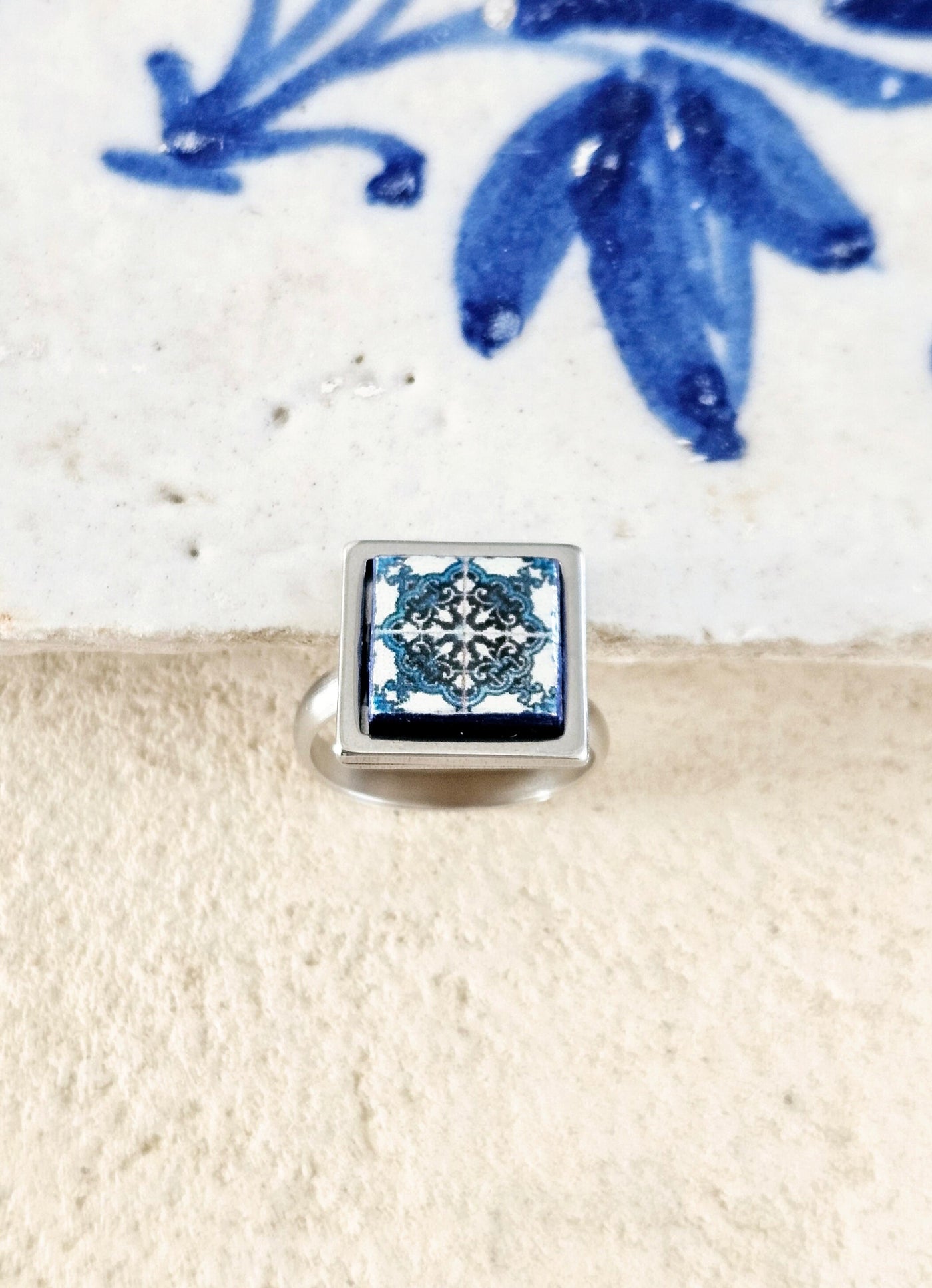BLUE Portugal Tile Silver STEEL Ring Portuguese Square Azulejo Ring Antique Adjustable Vintage Majolica Spanish Mosaic Tile Women Ring Gift